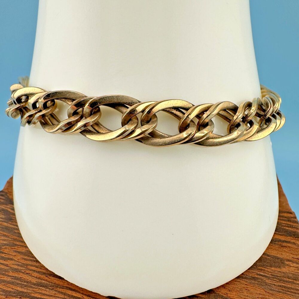 Vintage 12K GF Yellow Gold Double Curb Link Chain Bracelet 7.5" Signed 15g